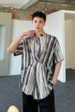 夏季简约冷淡风油画肌理纹立领短袖男女衬衣个性交叉门襟3509P65，男装T恤，电商A246