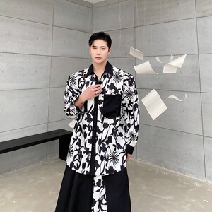 潮流山本暗黑系个性黑白花卉翻领长袖男女衬衣小众冷淡风2524P80图片
