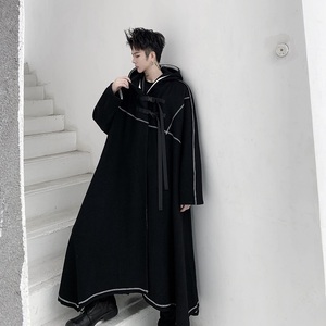 暗黑设计款不规则下摆时髦明线毛边拼接连帽长款绑带风衣3995P155图片
