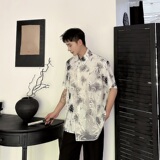 夏季新中式墨竹印花多片刺绣网纱翻领短袖男女衬衣6824P90，男装T恤，电商A246