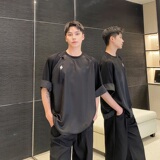 夏季新中式缎面提花拼接圆领短袖男女T恤复古风上衣9769P85，男装T恤，电商A246