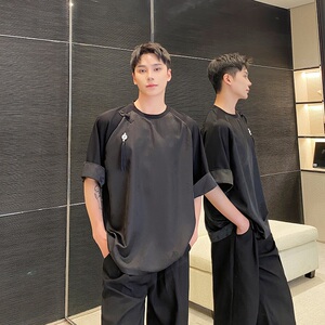 夏季新中式缎面提花拼接圆领短袖男女T恤复古风上衣9769P85图片