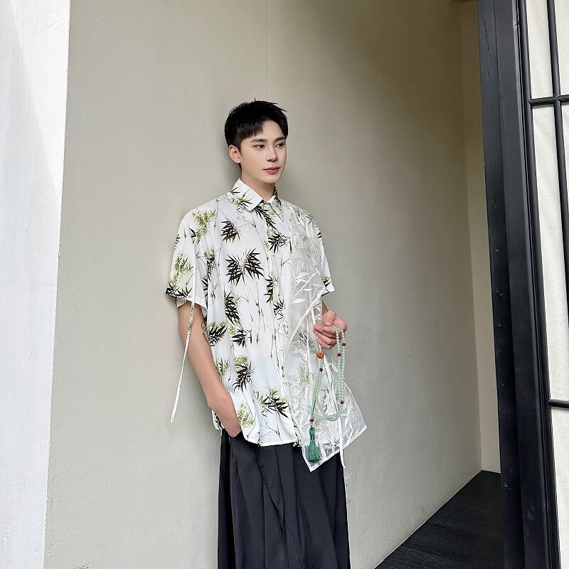 新中式竹子垂坠感半短袖衬衫高级上衣免烫丝滑A246-6824-P90,男装衬衫,电商A246