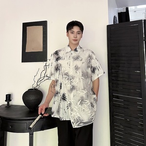 夏季新中式墨竹印花多片刺绣网纱翻领短袖男女衬衣6824P90