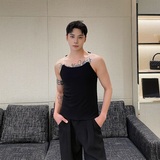 夏季个性珍珠肩带弹力短款背心潮流雅痞针织罗纹坎肩3545P65，男装背心/马甲，电商A246