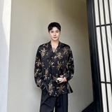 复古老钱风肌理纹提花长袖衬衣潮流斜襟领衬衫A246-5261-P85，男装衬衫，电商A246