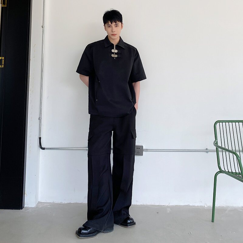 夏季个性金属扣设计翻领短袖男女衬衣潮流痞帅套头衬衫5081P85,男装衬衫,电商A246