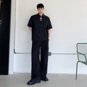 夏季个性金属扣设计翻领短袖男女衬衣潮流痞帅套头衬衫5081P85图片