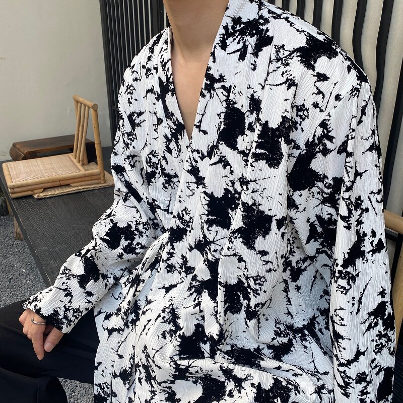 春季个性植绒肌理纹新中式男女长袖衬衣复古系带禅意无领3533P95,男装衬衫,电商A246