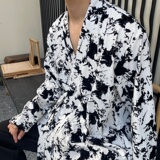 春季个性植绒肌理纹新中式男女长袖衬衣复古系带禅意无领3533P95，男装衬衫，电商A246