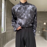 新中式锦缎印花立领盘扣长袖男女衬衣潮流风禅意衬衫3538P95，男装衬衫，电商A246