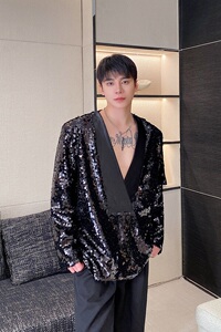 秋冬立体亮片缎面拼接套头V领西服外套潮流舞台演出服5243P175图片