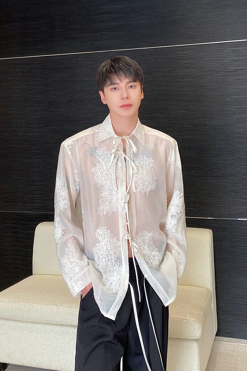 春夏新款欧根纱绣花翻领系带长袖男女衬衣个性潮流衬衫3566P95,男装衬衫,电商A246