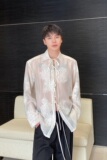 春夏新款欧根纱绣花翻领系带长袖男女衬衣个性潮流衬衫3566P95，男装衬衫，电商A246