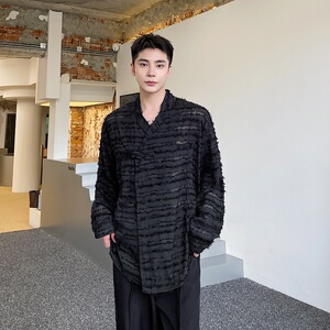 改良中式盘扣薄纱翻领长袖防晒男女衬衣复古潮流休闲3511P90图片
