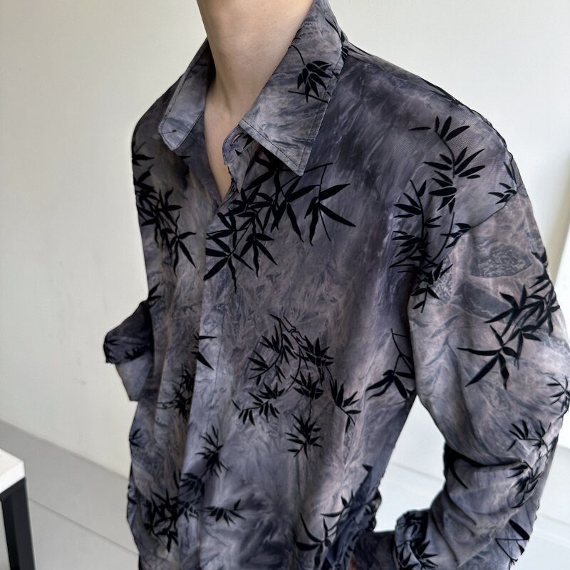 秋季复古植绒提花翻领长袖男女休闲衬衣简约冷淡风衬衫5265P95,男装衬衫,电商A246