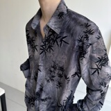 秋季复古植绒提花翻领长袖男女休闲衬衣简约冷淡风衬衫5265P95，男装衬衫，电商A246