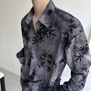 秋季复古植绒提花翻领长袖男女休闲衬衣简约冷淡风衬衫5265P95图片