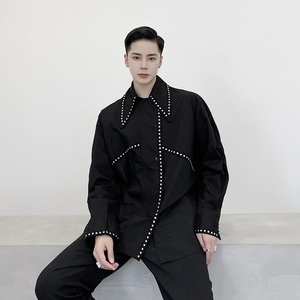 暗黑潮流个性铆钉重工艺撞色织带小众长袖衬衣A261-9942-P75图片