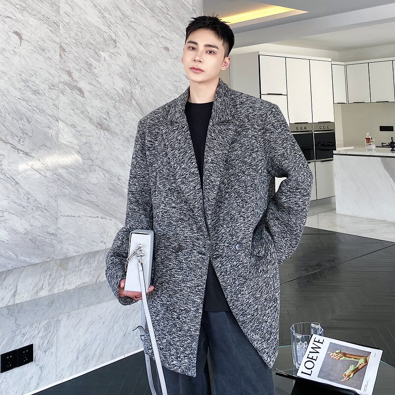 冬季加厚翻领毛呢大衣个性宽垫肩气质韩版上衣5034P145，男装毛呢大衣，电商A246