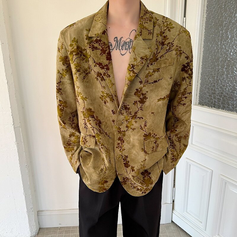 春季复古休闲西装气质植绒提花翻领西装外套6832P135,男装西服套装,电商A246