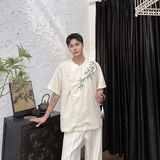 夏季新中式提花刺绣圆领短袖男女衬衣风复古衬衫7627P95，男装衬衫，电商A246