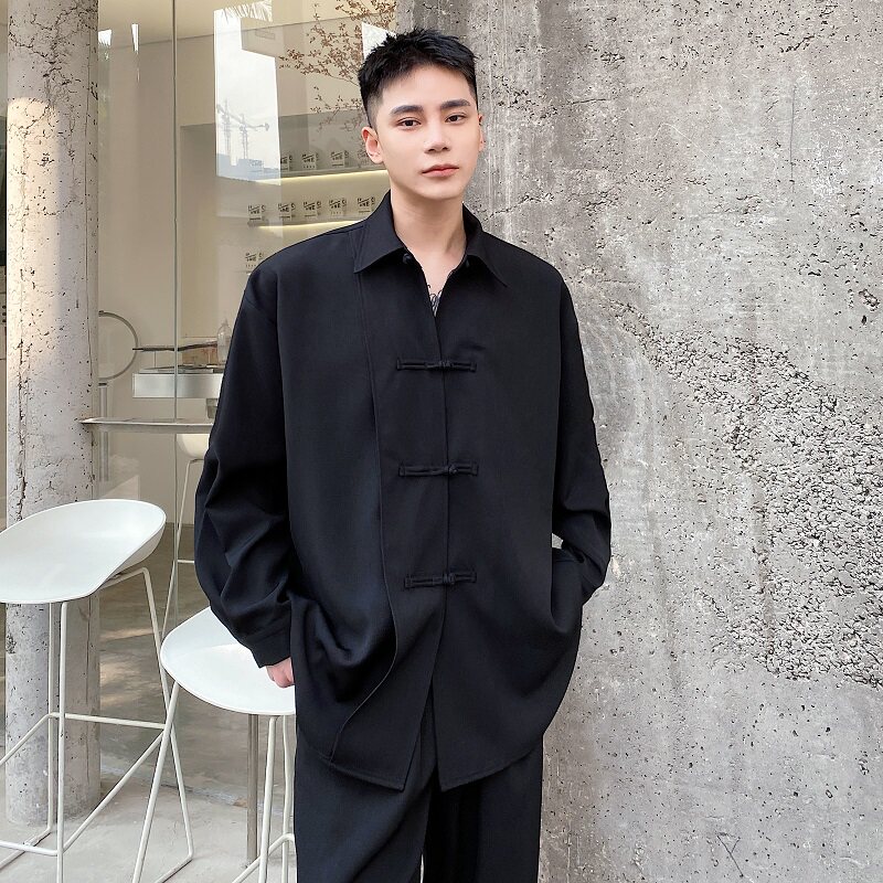 早春小众改良中式盘扣翻领长袖男衬衣个性暗黑潮流衬衫5056P85图片