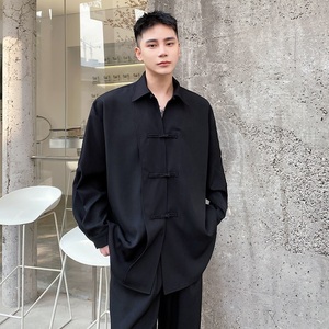 早春小众改良中式盘扣翻领长袖男衬衣个性暗黑潮流衬衫5056P85图片