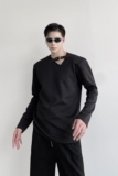 秋冬加厚小众V领皮袢设计长袖男T恤卫衣潮流痞帅垫肩针织5105P75，男装T恤，电商A246