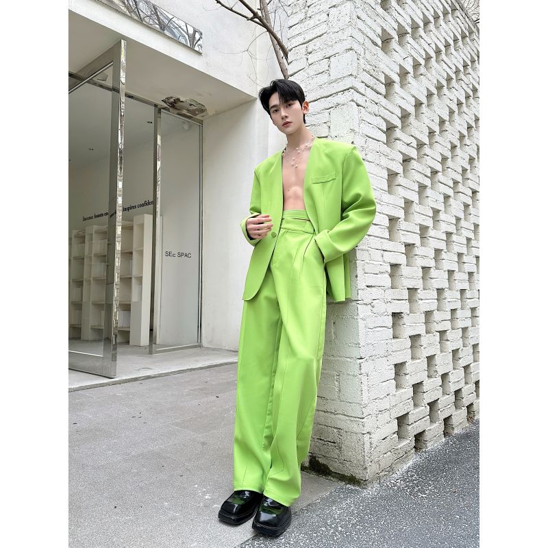 新款果绿色西服套装个性无领绑带设计款上衣直筒休闲长裤5307P245,男装西服套装,电商A246