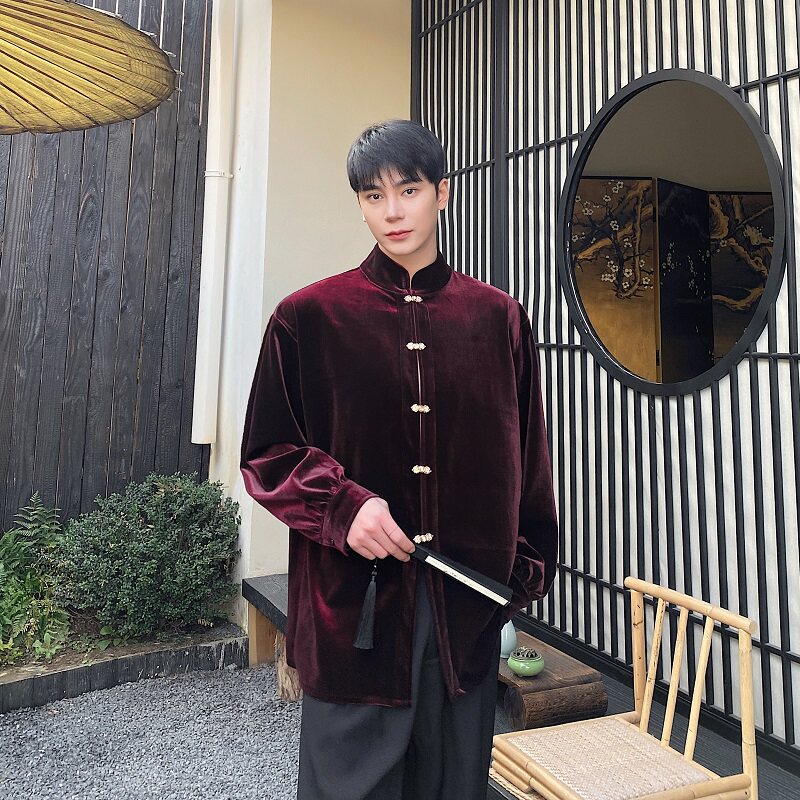 潮流新中式丝绒金属盘扣立领长袖男女衬衣禅意风衬衫5221P105,男装衬衫,电商A246