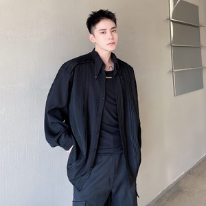 早春设计款褶皱尖角立领长袖男衬衣潮流痞帅纯色免烫衬衫3602P90图片