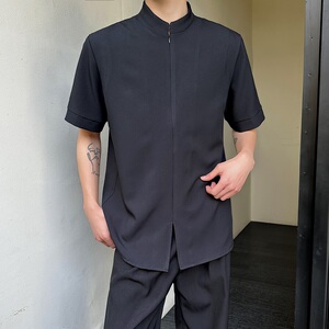 夏季新中式简约纯色立领短袖男女衬衣潮流休闲拉链设计5264P65图片