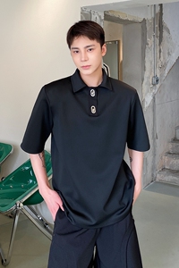 夏季个性金属扣垫肩设计翻领短袖男上衣潮流简约纯色3625P70图片