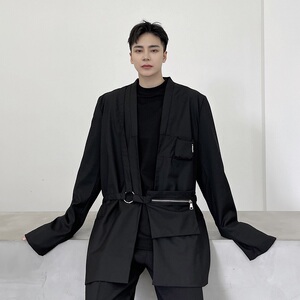 新款暗黑个性绑带腰包潮流机能风宽松休闲西服外套3846-P125图片