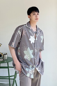 气质暖色调印花翻领短袖男衬衣时髦雅痞个性半袖衬衫3646P75图片