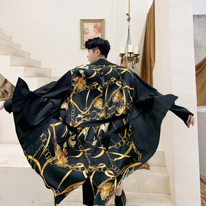 个性印花拼接翻领长款男风衣外套A246-2120-P120图片