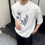 夏季新中式盘扣刺绣圆领针织短袖T恤复古风休闲半袖上衣9771P75，男装T恤，电商A246
