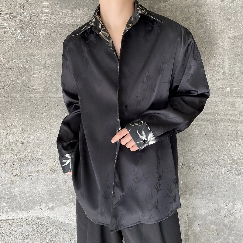 春季新中式缎面提花竹叶翻领长袖男女衬衣复古风衬衫5223P105,男装衬衫,电商A246