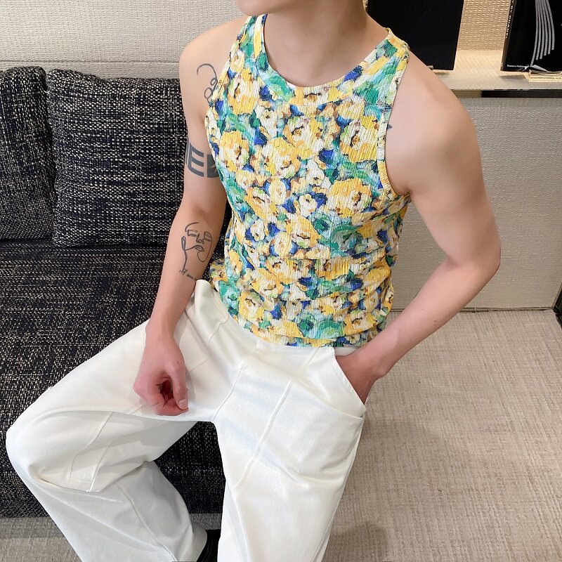 夏季个性花卉紧身型男圆领背心潮流痞帅无袖弹力针织坎肩5254P60,男装背心/马甲,电商A246