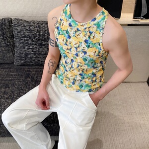 夏季个性花卉紧身型男圆领背心潮流痞帅无袖弹力针织坎肩5254P60图片