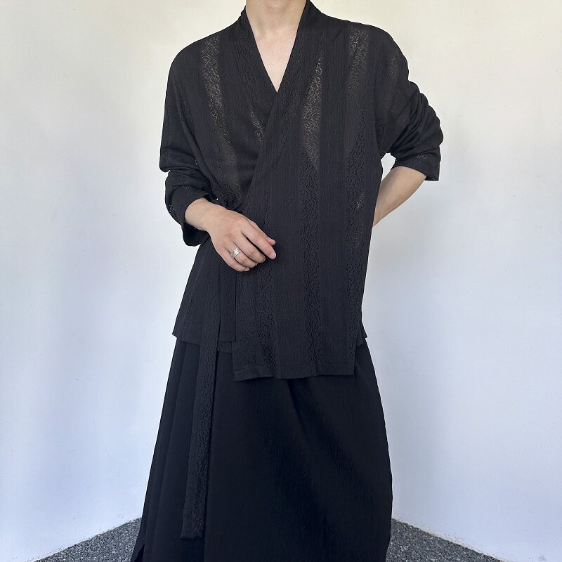 秋季新款镂空提花绑带设计复古长袖男女衬衣6825P95,男装衬衫,电商A246