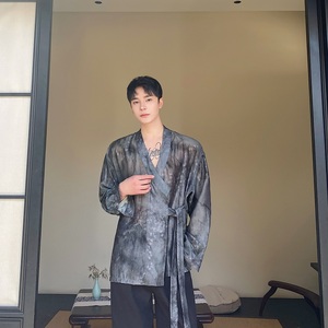 春夏新中式水墨画禅意系带长袖男女衬衣复古风衬衫5226P95图片