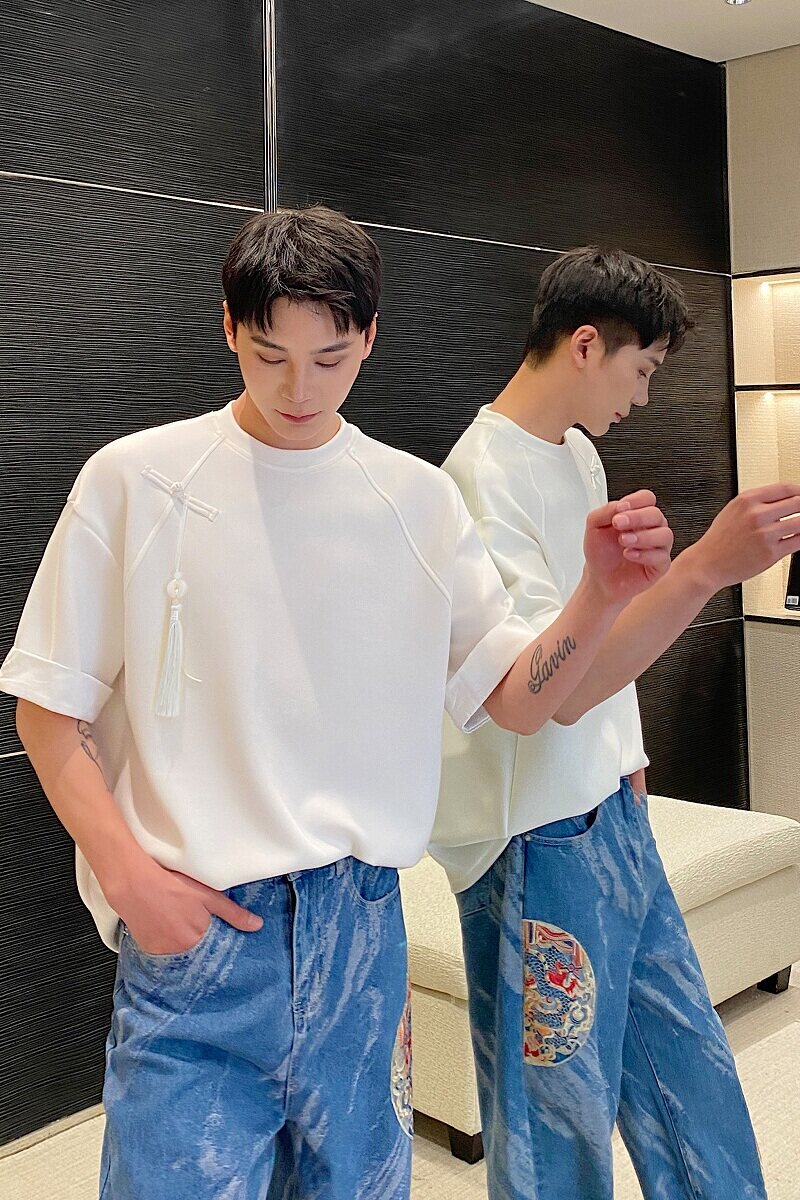 夏季新中式盘扣玉佩流苏设计原领短袖男女T恤复古休闲上衣9772P75,男装T恤,电商A246