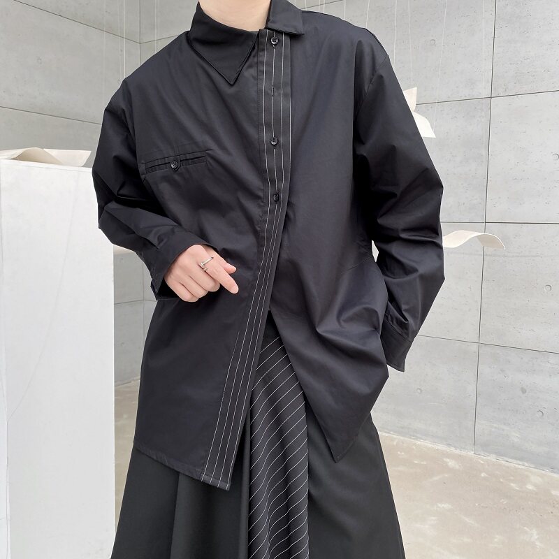 春季暗黑系个性条纹拼接斜翻领长袖男女衬衣简约冷淡风2541P75图片