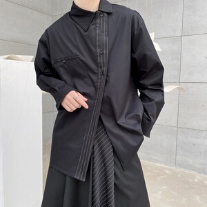 春季暗黑系个性条纹拼接斜翻领长袖男女衬衣简约冷淡风2541P75图片