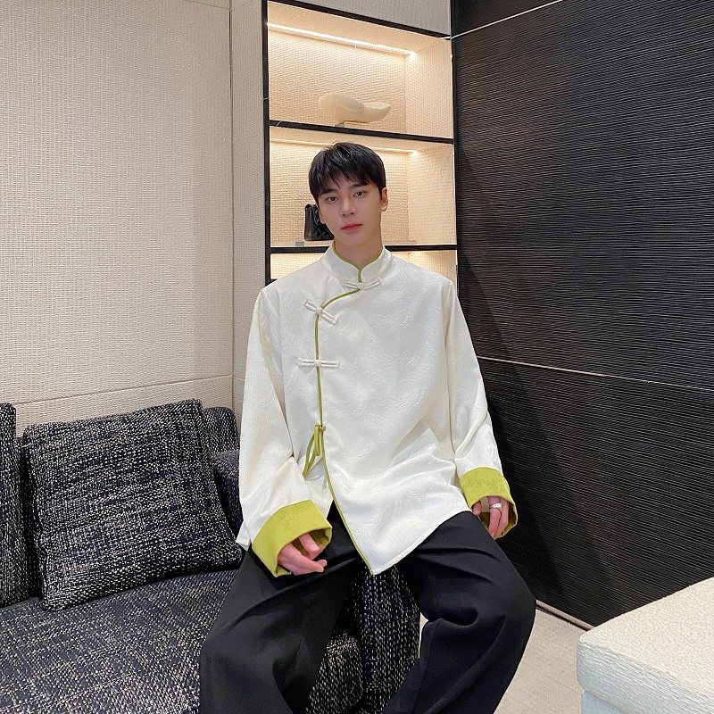 春季新中式提花撞色立领长袖男女风衬衣复古禅意衬衫3554P105,男装衬衫,电商A246