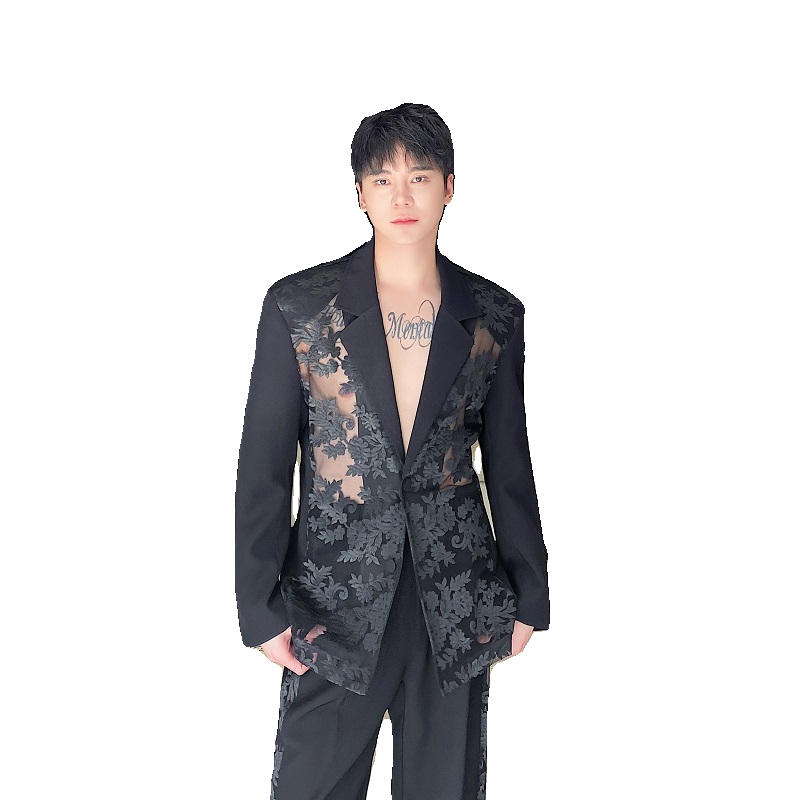春夏个性提花透纱西服直筒长裤套装潮流雅痞礼服两件套3559P275,男装西服,电商A246