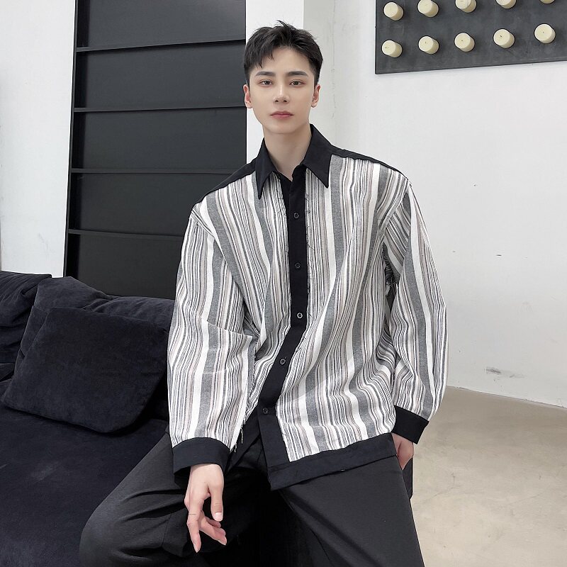 秋季潮流个性撞色条纹毛边切割宽松百搭长袖衬衣A246-3849-P75,男装衬衫,电商A246
