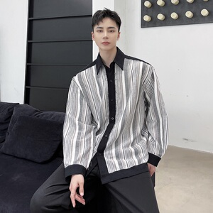 秋季潮流个性撞色条纹毛边切割宽松百搭长袖衬衣A246-3849-P75图片